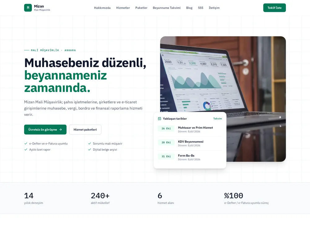 Mizan örnek kurumsal web sitesi ana sayfası