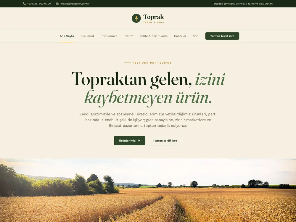 Toprak örnek kurumsal web sitesi ana sayfası