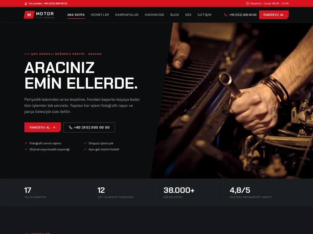 Motor örnek kurumsal web sitesi ana sayfası