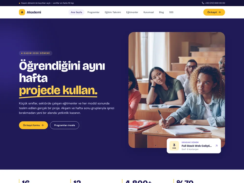 Akademi örnek kurumsal web sitesi ana sayfası